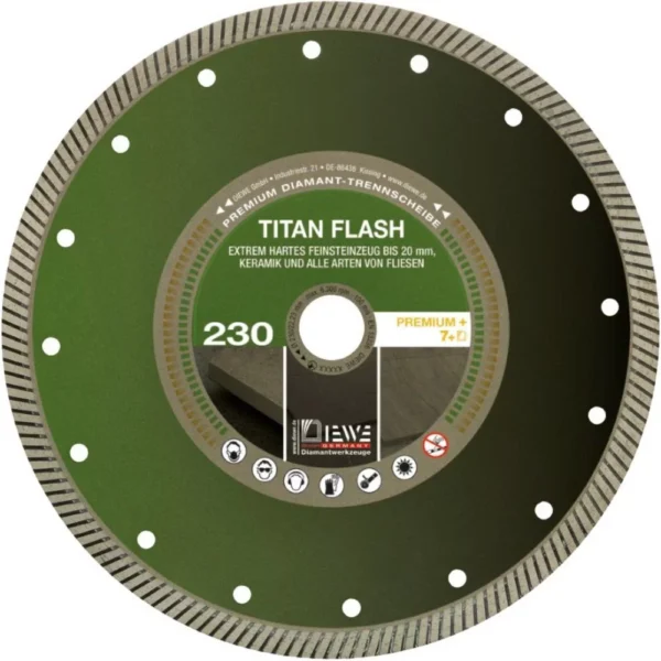 Titan Flash, cuts artificial stone, porcelain, tiles. 10mm cutting edge. Clean cutting.