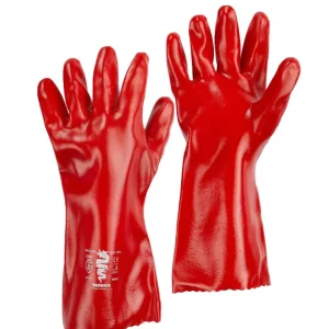 Red PVC gauntlets with extended arm protection against oils, chemicals and abrasion. Durable industrial gloves with jersey liner for comfort.