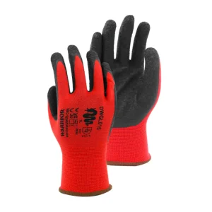Comfortable latex grip work gloves with a red polyester liner and black crinkle latex palm coating for dependable grip, flexibility, and everyday site durability.
