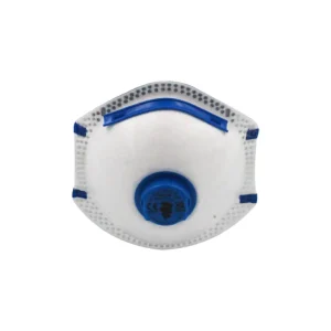 White FFP2 moulded respirator with blue elastic straps and exhalation valve