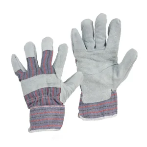 Warrior GL105 standard rigger gloves in grey split leather with blue and red striped fabric backs